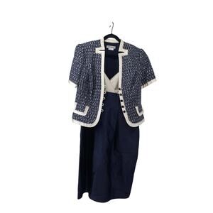 Kay Unger New York Navy White Dress With Cropped Jacket Size 14
